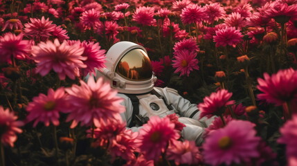 astronaut lying in field of pink flowers, made with generative ai