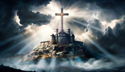 holy cross symbolizing the death and resurrection of Jesus Christ with The sky over Golgotha Hill is shrouded in light and clouds, AI generative