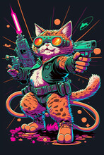 Close Up Of Cat With Gun And Helmet. Generative Ai.