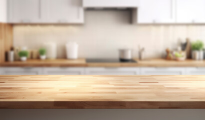 Empty beautiful wood table  top counter  and blur bokeh modern kitchen interior background in clean and bright, Ready,white background, for product montage