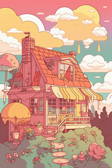 Wall Mural - idyllic cute CAFE illustration adorable kawaii anime manhwa rainbow milkshake Generative AI