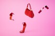 © Igor - open red lipstick, red handbag and red heeled shoes on a pastel background. 3D render