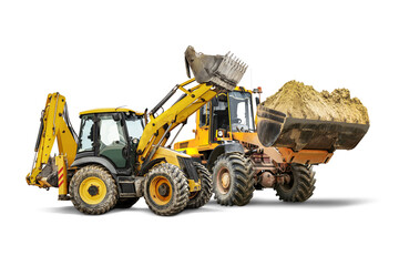 Two heavy front loaders or bulldozers on a white isolated background. Construction equipment and transport. Transportation and movement of bulk materials. Excavation. Element for design.