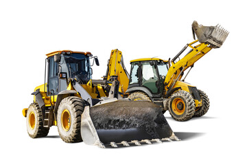 Two heavy front loaders or bulldozers on a white isolated background. Construction equipment and transport. Transportation and movement of bulk materials. Excavation. Element for design.