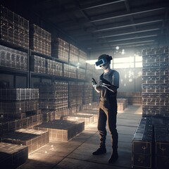Poster - Future virtual reality technology for innovative VR warehouse management . Concept of smart technology for industrial revolution, generative ai