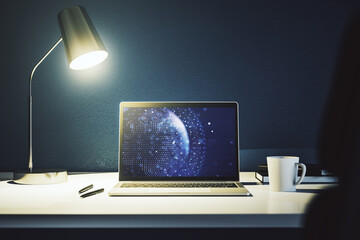 Poster - Abstract creative world map on modern laptop screen, international trading concept. 3D Rendering