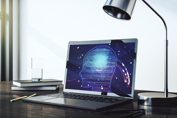 Aufkleber - Modern computer monitor with creative artificial Intelligence symbol. Neural networks and machine learning concept. 3D Rendering