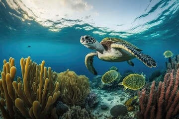 Poster - sea turtle gracefully swimming over a colorful coral reef. Generative AI