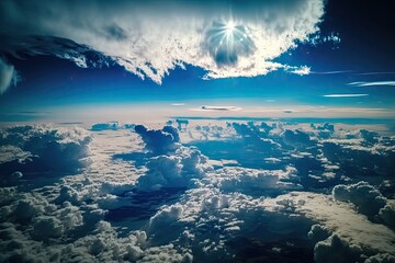 Poster - aerial view of clouds and sky from inside an airplane. Generative AI