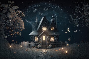 Poster - solitary house in the middle of a vast, moonlit field under a starry night sky. Generative AI