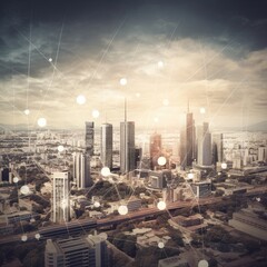 Poster - buildings and skyscrapers, as well as a social connection concept, the internet of things, and the concept of a satellite navigation system, generative ai