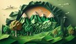 © Sun - Abstract background with landscape green energy , nature, fresh air and eco world in paper art and craft design concept.  Created using generative AI.