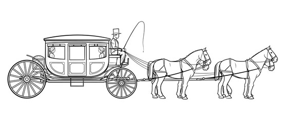  Elegant carriage wagon with four horses - vector stock illustration.