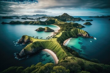 Wall Mural - an isolated island surrounded by vast ocean waters as seen from above. generative ai