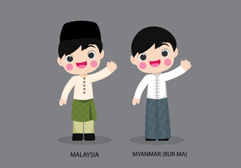 Wall Mural - Malaysia peopel in national dress. Set of Myanmar man dressed in national clothes. Vector flat illustration.