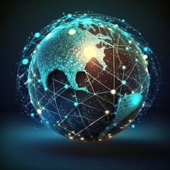 Poster - earth globe on blue background, global structure networking and data exchanges connection, Customer network, Digital marketing, Social Media, Communication network. generative ai