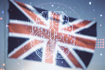 Poster - Virtual creative artificial Intelligence hologram with human brain sketch on British flag and sunset sky background. Double exposure