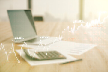 Poster - Multi exposure of virtual abstract financial diagram on calculator and pc background, banking and accounting concept