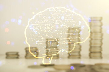 Aufkleber - Virtual creative artificial Intelligence hologram with human brain sketch on stacks of coins background. Multiexposure