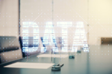 Poster - Data word hologram on a modern boardroom background, big data and blockchain concept. Multiexposure