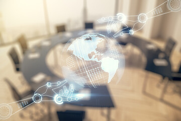 Aufkleber - Abstract virtual robotics technology hologram with globe on a modern coworking room background, artificial intelligence and machine learning concept. Multi exposure