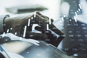 Poster - Double exposure of abstract creative statistics data hologram with finger clicks on a digital tablet on background, analytics and forecasting concept