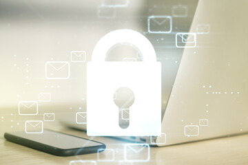 Poster - Creative concept with lock symbol and postal envelopes illustration on modern laptop background. Protection and firewall concept. Multiexposure