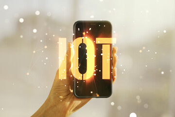 Poster - Creative IOT concept and hand with phone on background. Multiexposure