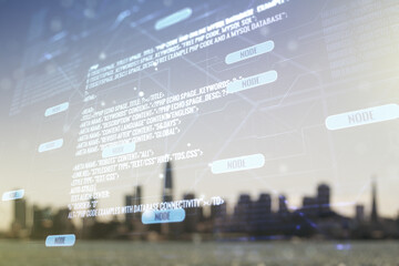 Poster - Multi exposure of abstract graphic coding sketch on blurry skyscrapers background, big data and networking concept