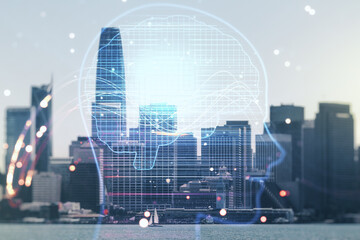 Poster - Double exposure of creative artificial Intelligence hologram on San Francisco city skyscrapers background. Neural networks and machine learning concept