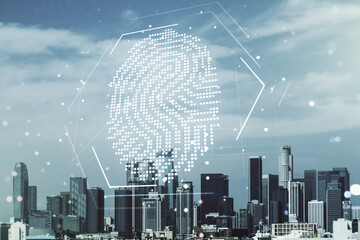 Aufkleber - Abstract virtual fingerprint hologram on Los Angeles skyline background. Multiexposure