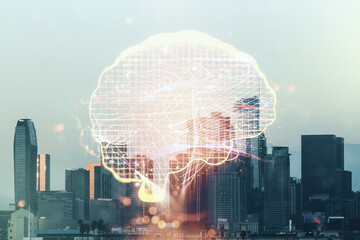 Wall Mural - Double exposure of creative artificial Intelligence interface on Los Angeles city skyscrapers background. Neural networks and machine learning concept