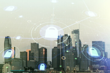 Aufkleber - Virtual creative lock sketch with chip hologram on Los Angeles office buildings background, protection of personal data concept. Multiexposure