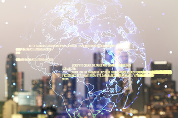 Poster - Abstract virtual coding illustration and world map on blurry skyscrapers background, international software development concept. Multiexposure