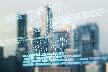 Poster - Double exposure of abstract virtual creative code skull hologram on blurry cityscape background. Malware and cyber crime concept
