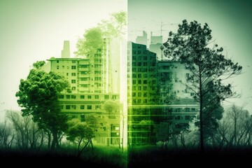 Canvas Print - building with trees in the foreground in a split view. Generative AI