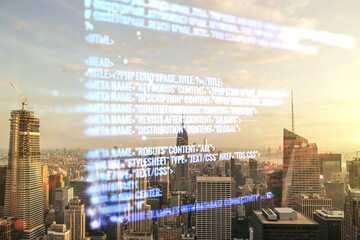 Poster - Multi exposure of abstract programming language hologram on Manhattan office buildings background, artificial intelligence and machine learning concept
