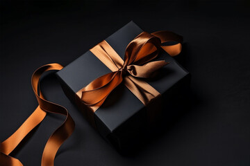 Dark gift box with satin ribbon and bow on black background. Holiday gift with copy space. Birthday or Christmas present, flat lay, top view. Christmas giftbox concept. AI generated.