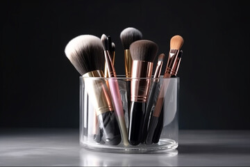 Canvas Print - Makeup brushes in a glass. Clean professional makeup brushes set for make-up artist, cosmetics, make up theme. AI generated