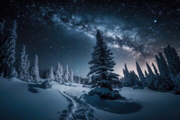 Wall Mural - winter forest with a path leading to a starry night sky. Generative AI