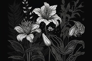 Naklejka na meble black and white flowers on a dark background. Generative AI