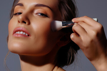 Wall Mural - Applying makeup with brush to face of beautiful adult woman