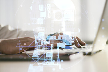 Poster - Double exposure of creative human head microcircuit with hand typing on computer keyboard on background. Future technology and AI concept