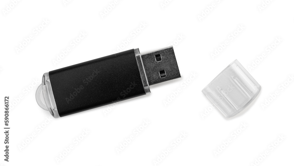 Black USB flash drive with cap on white background