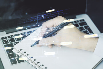 Poster - Multi exposure of abstract programming language hologram with hand writing in notepad on background with laptop, artificial intelligence and machine learning concept