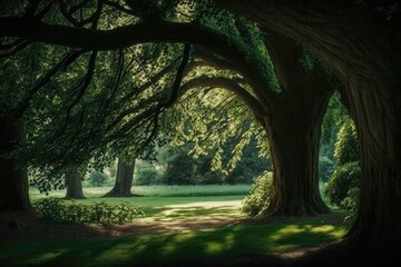 Poster - two trees in a park with vibrant colors and contrasting shapes. Generative AI