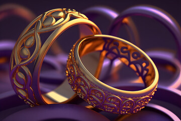 Wall Mural - Golden carved wedding rings on purple background, Generative AI