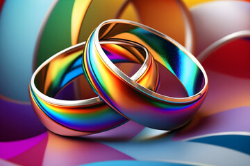 Wall Mural - Golden smooth wedding rings on rainbow background, Generative AI