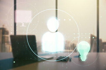 Poster - Double exposure of social network icons concept and modern desk with computer on background. Networking concept