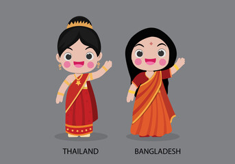 Wall Mural - Thailand peopel in national dress. Set of Bangladesh woman dressed in national clothes. Vector flat illustration.